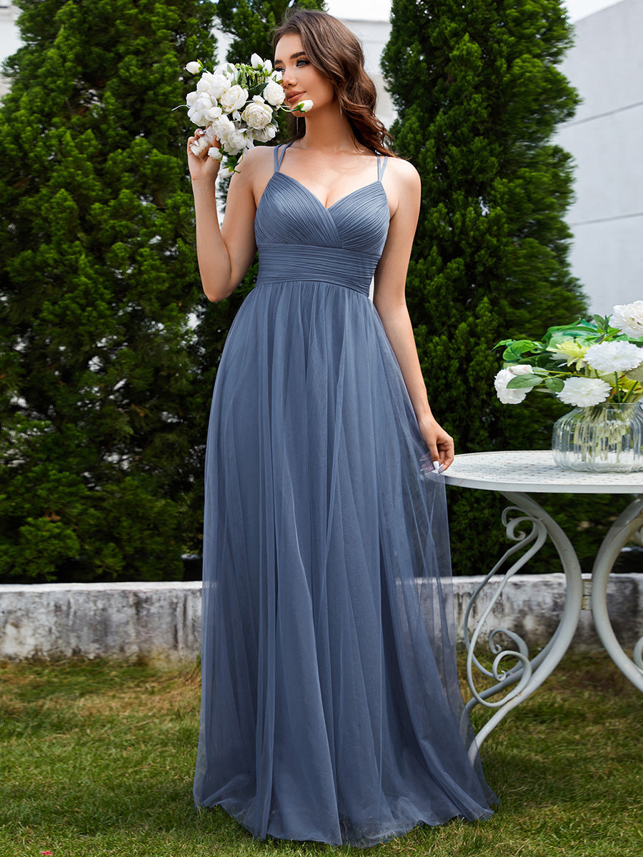 Bodenlanger V-Ausschnitt A-Linie Mesh Kleid Mit Tiefem V-Ausschnitt Und Wimpernspitzen #Farbe_Taubenblau