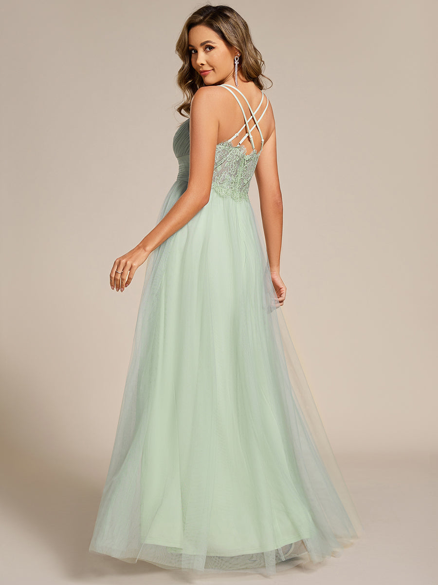 Bodenlanger V-Ausschnitt A-Linie Mesh Kleid Mit Tiefem V-Ausschnitt Und Wimpernspitzen #Farbe_Mintgrün