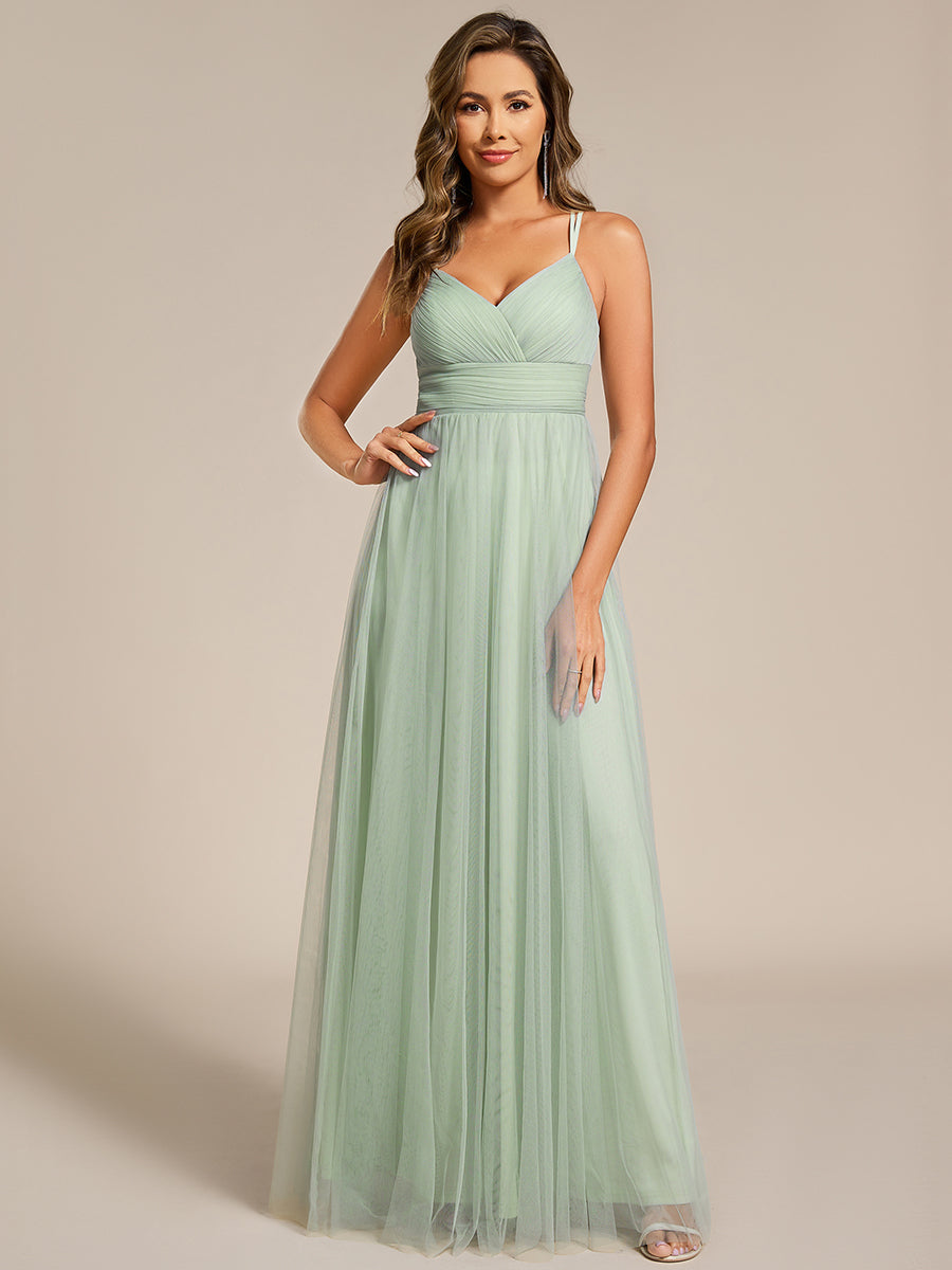 Bodenlanger V-Ausschnitt A-Linie Mesh Kleid Mit Tiefem V-Ausschnitt Und Wimpernspitzen #Farbe_Mintgrün
