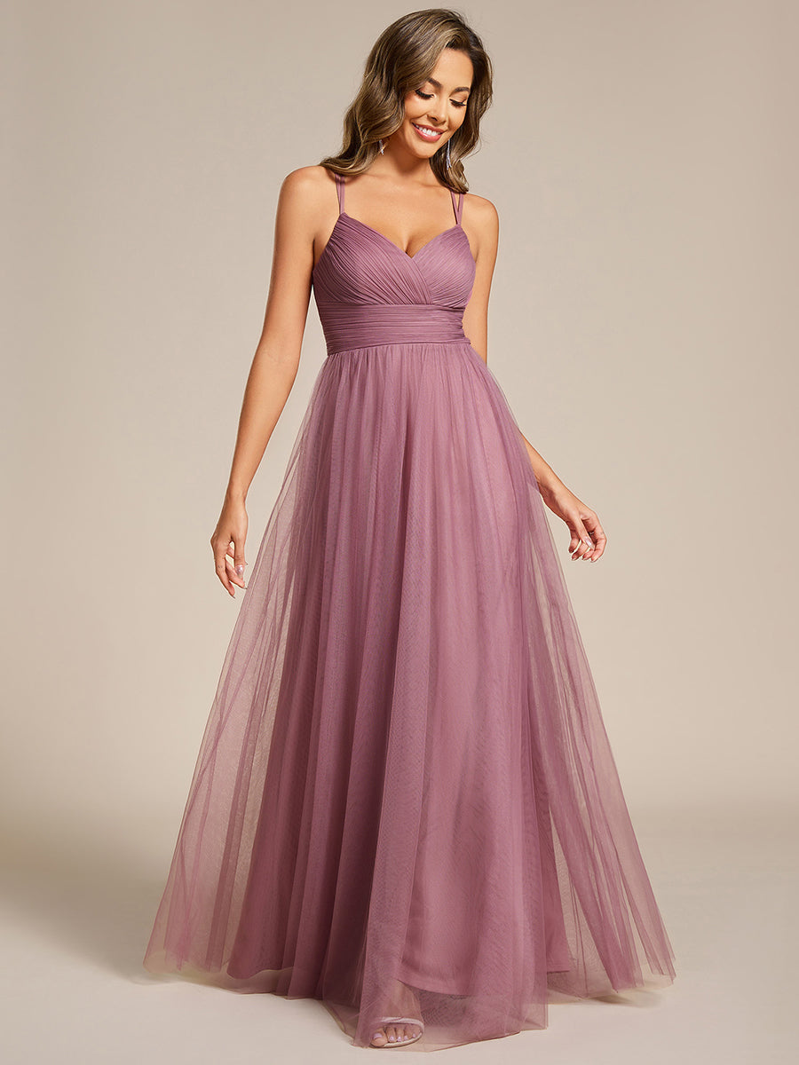 Bodenlanger V-Ausschnitt A-Linie Mesh Kleid Mit Tiefem V-Ausschnitt Und Wimpernspitzen #Farbe_Orchideenviolett