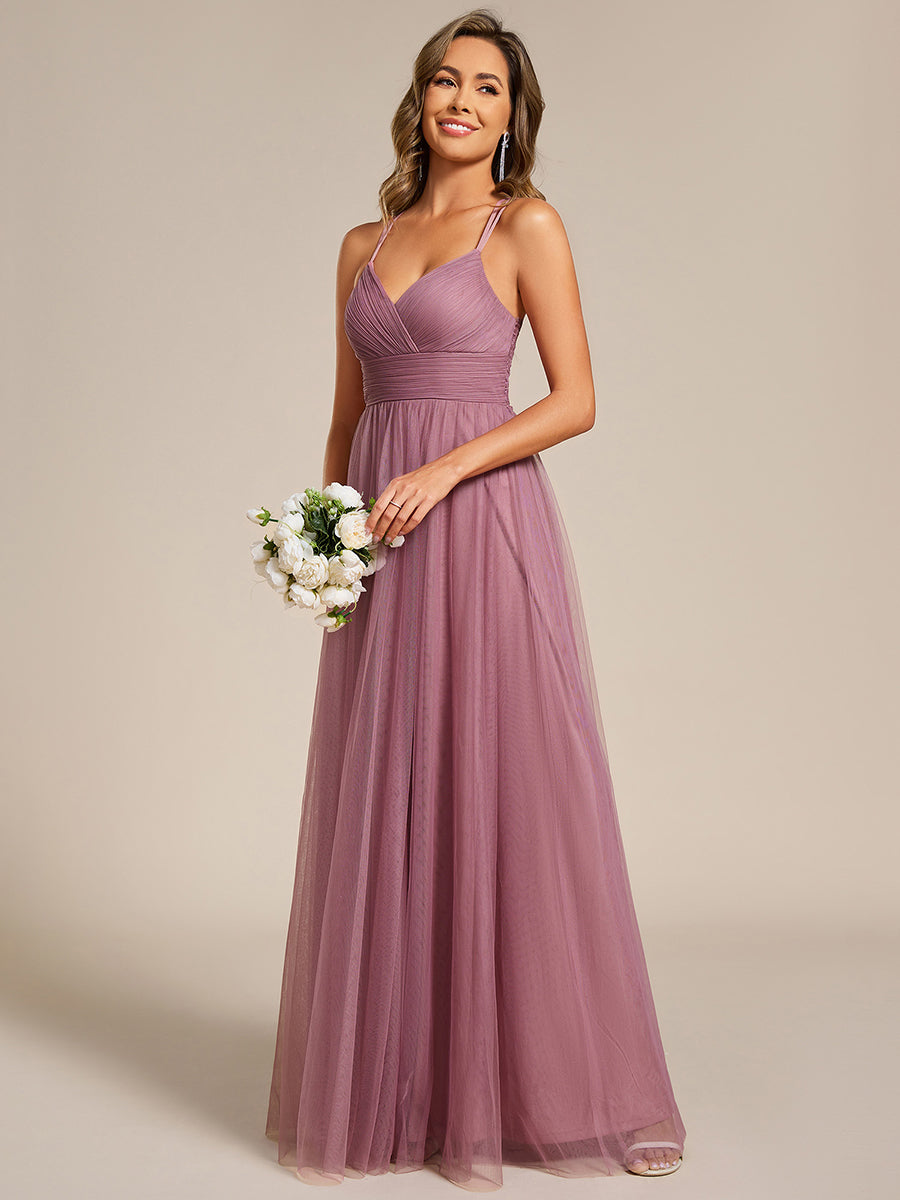 Bodenlanger V-Ausschnitt A-Linie Mesh Kleid Mit Tiefem V-Ausschnitt Und Wimpernspitzen #Farbe_Orchideenviolett