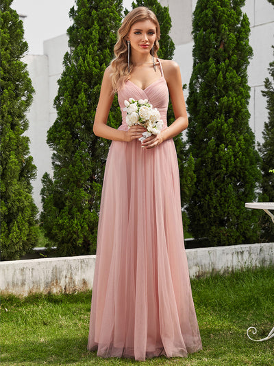 Bodenlanger V-Ausschnitt A-Linie Mesh Kleid Mit Tiefem V-Ausschnitt Und Wimpernspitzen #Farbe_Rosa