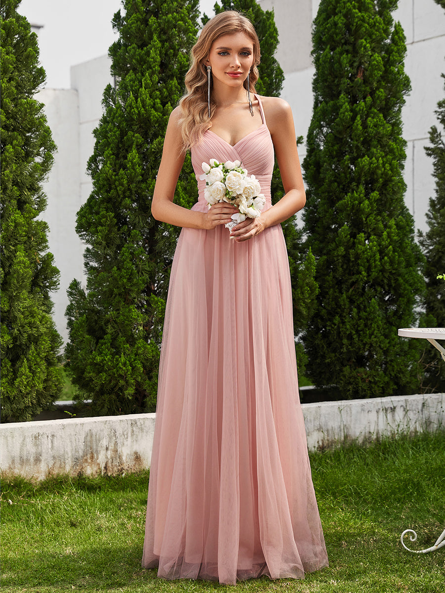 Bodenlanger V-Ausschnitt A-Linie Mesh Kleid Mit Tiefem V-Ausschnitt Und Wimpernspitzen #Farbe_Rosa