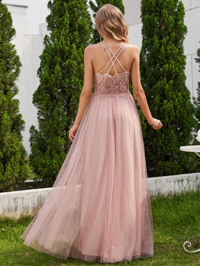 Bodenlanger V-Ausschnitt A-Linie Mesh Kleid Mit Tiefem V-Ausschnitt Und Wimpernspitzen #Farbe_Rosa