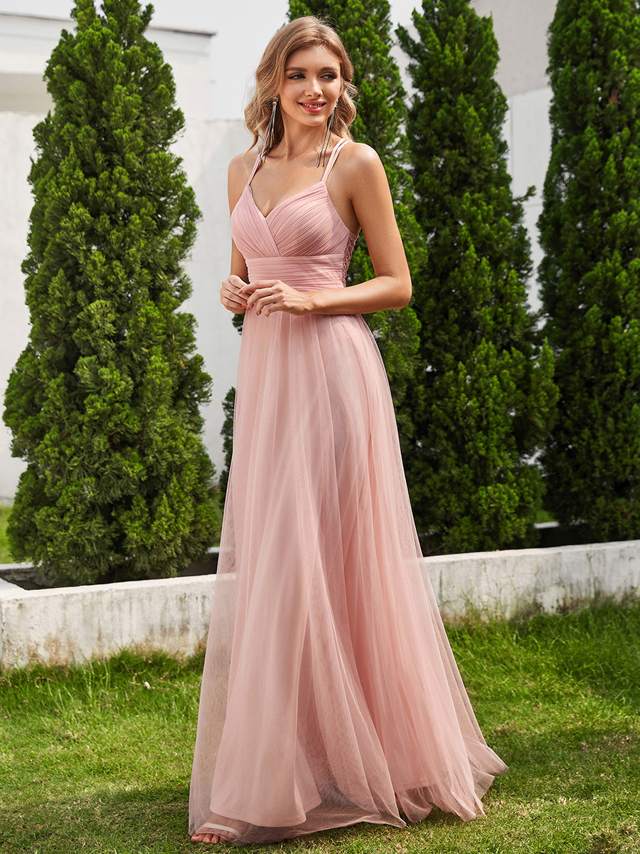 Bodenlanger V-Ausschnitt A-Linie Mesh Kleid Mit Tiefem V-Ausschnitt Und Wimpernspitzen #Farbe_Rosa