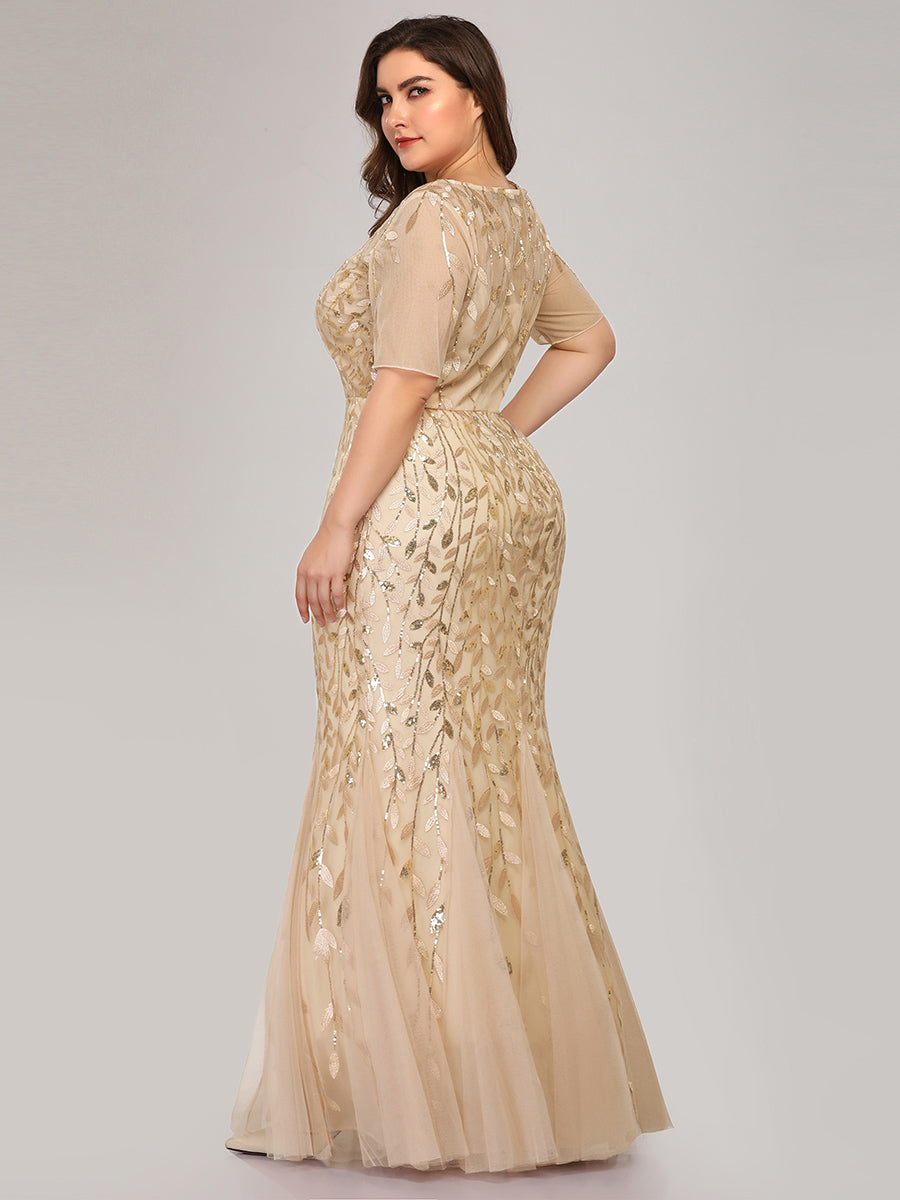 Bodenlanger Bodycon Kleid Mit Rundhalsausschnitt Pailletten Bestickte Patchwork Details #Farbe_Gold