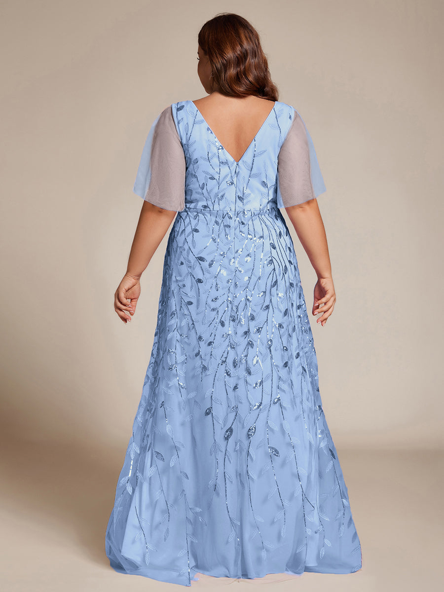 Maxilänge, V-Ausschnitt, asymmetrischer Saum, Pailletten-Kleid mit tiefem V-Ausschnitt und funkelnden Details #Farbe_Himmelblau