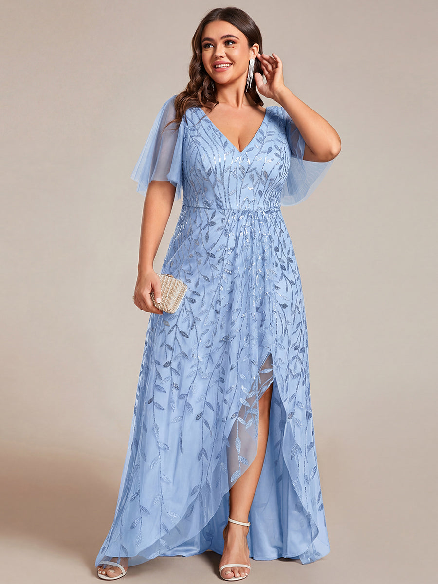 Maxilänge, V-Ausschnitt, asymmetrischer Saum, Pailletten-Kleid mit tiefem V-Ausschnitt und funkelnden Details #Farbe_Himmelblau