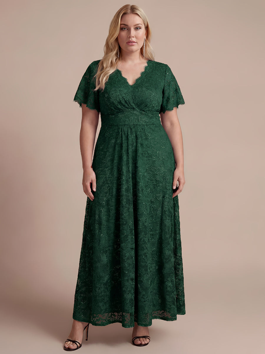 Kn?chellanges A-Linien-Kleid ¨¹berkreuzter Ausschnitt Spitze Pailletten Volants #Farbe_Dunkelgrün