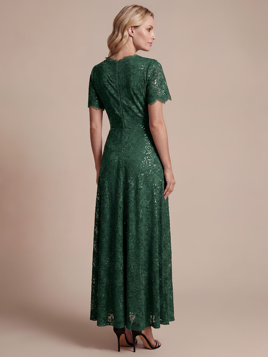 Kn?chellanges A-Linien-Kleid ¨¹berkreuzter Ausschnitt Spitze Pailletten Volants #Farbe_Dunkelgrün