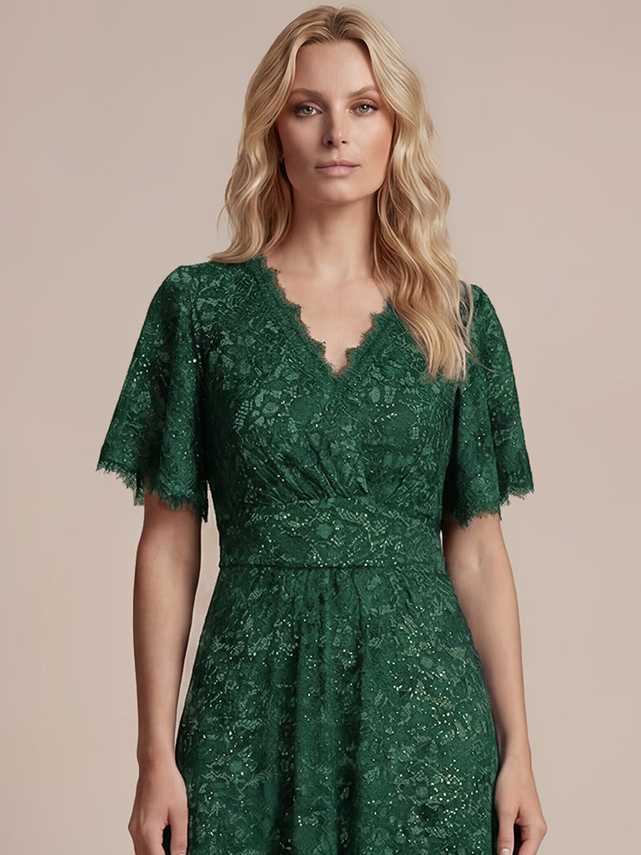 Kn?chellanges A-Linien-Kleid ¨¹berkreuzter Ausschnitt Spitze Pailletten Volants #Farbe_Dunkelgrün