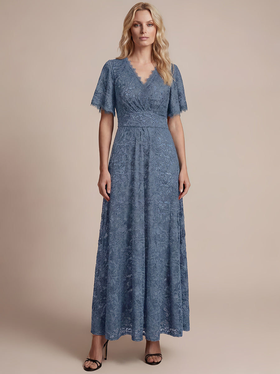 Kn?chellanges A-Linien-Kleid ¨¹berkreuzter Ausschnitt Spitze Pailletten Volants #Farbe_Taubenblau