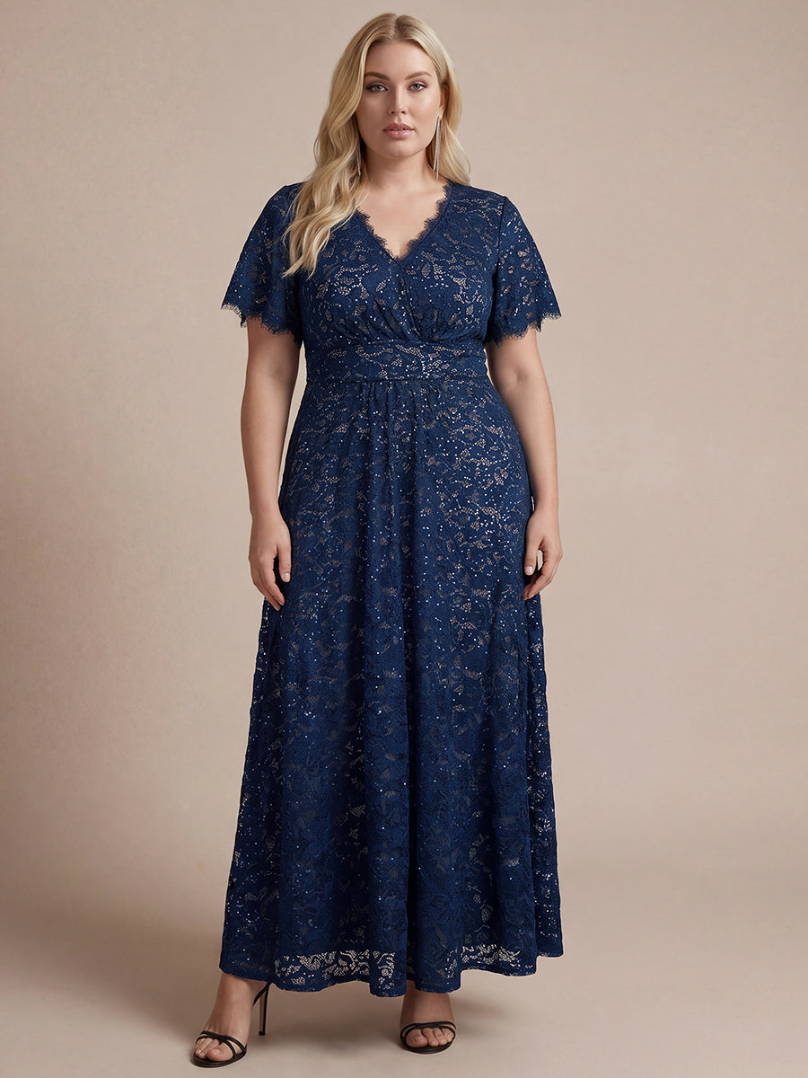 Kn?chellanges A-Linien-Kleid ¨¹berkreuzter Ausschnitt Spitze Pailletten Volants #Farbe_Marineblau