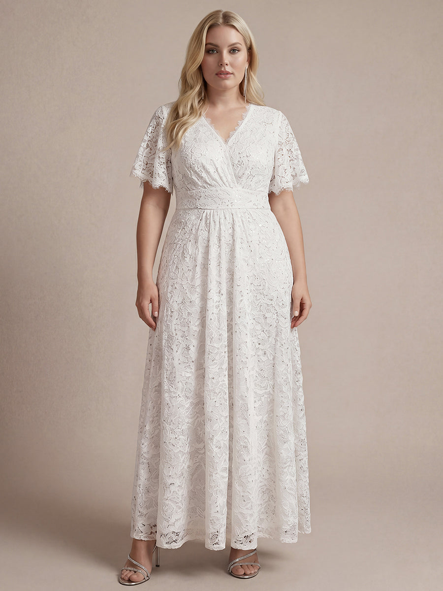 Kn?chellanges A-Linien-Kleid ¨¹berkreuzter Ausschnitt Spitze Pailletten Volants #Farbe_Weiß