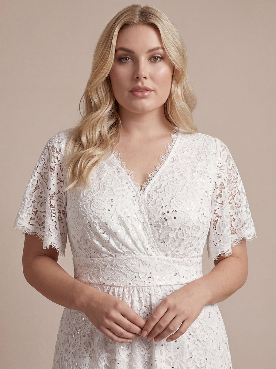Kn?chellanges A-Linien-Kleid ¨¹berkreuzter Ausschnitt Spitze Pailletten Volants #Farbe_Weiß