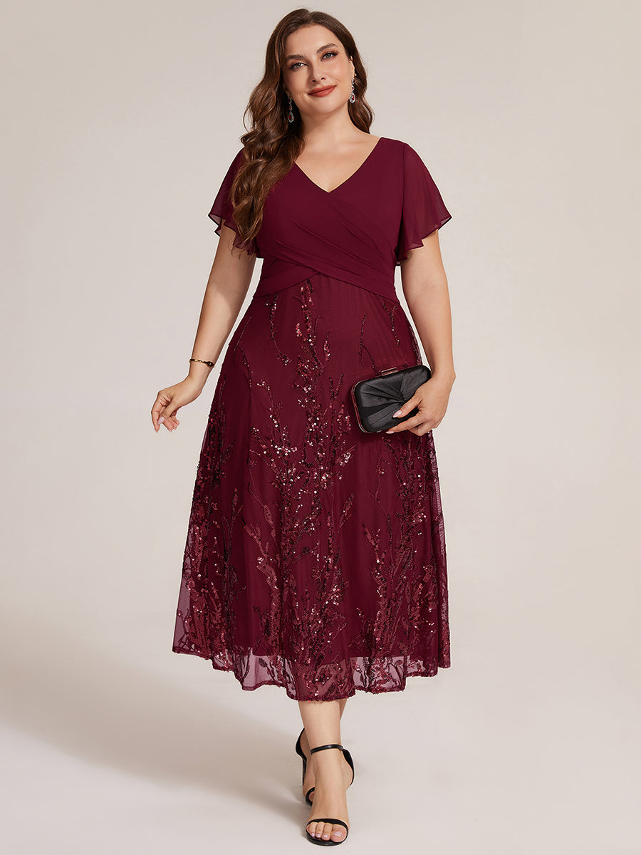 Tea Länge V Ausschnitt A Linien Kleid Aus Chiffon Mit 3D Drapierung Und Pailletten #Farbe_Burgunderrot