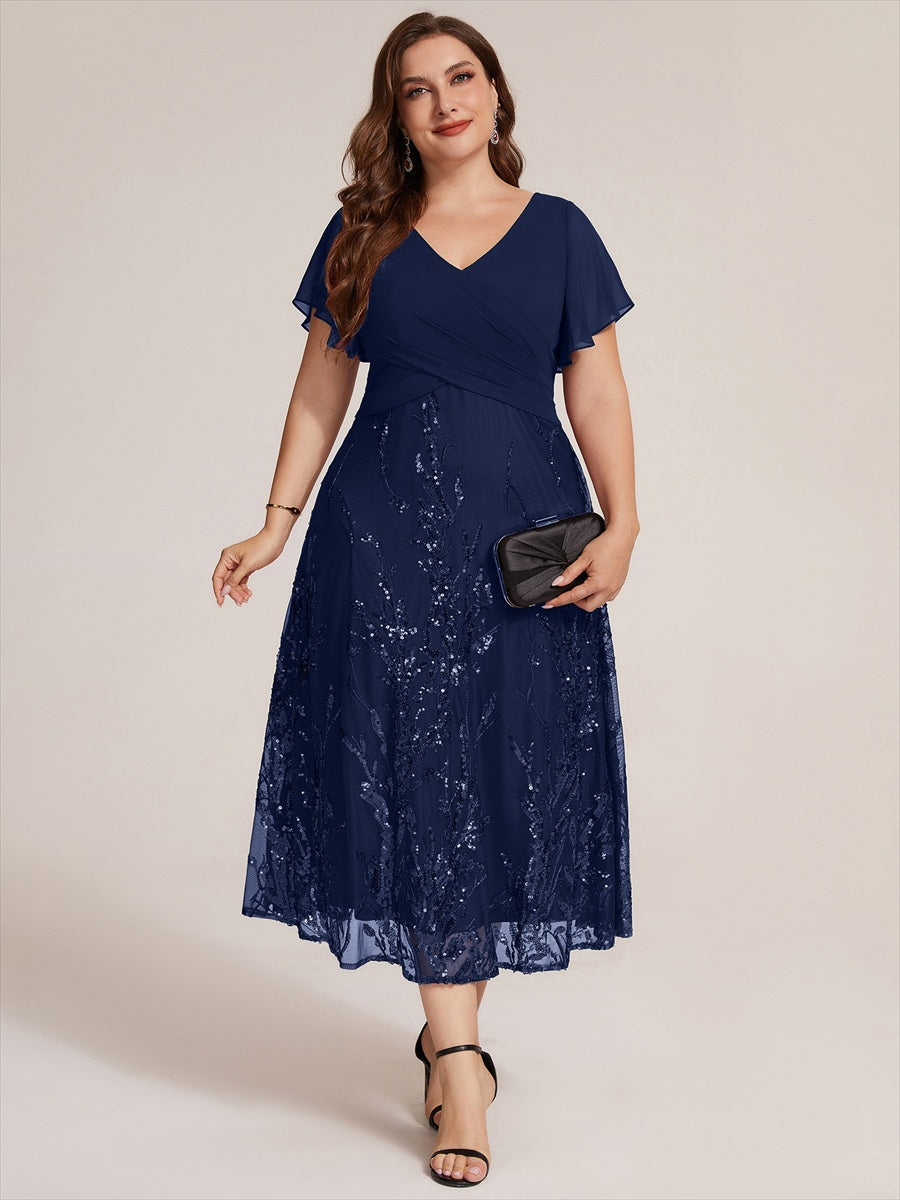 Tea Länge V Ausschnitt A Linien Kleid Aus Chiffon Mit 3D Drapierung Und Pailletten #Farbe_Marineblau