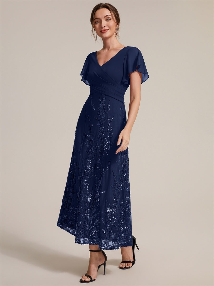Tea Länge V Ausschnitt A Linien Kleid Aus Chiffon Mit 3D Drapierung Und Pailletten #Farbe_Marineblau
