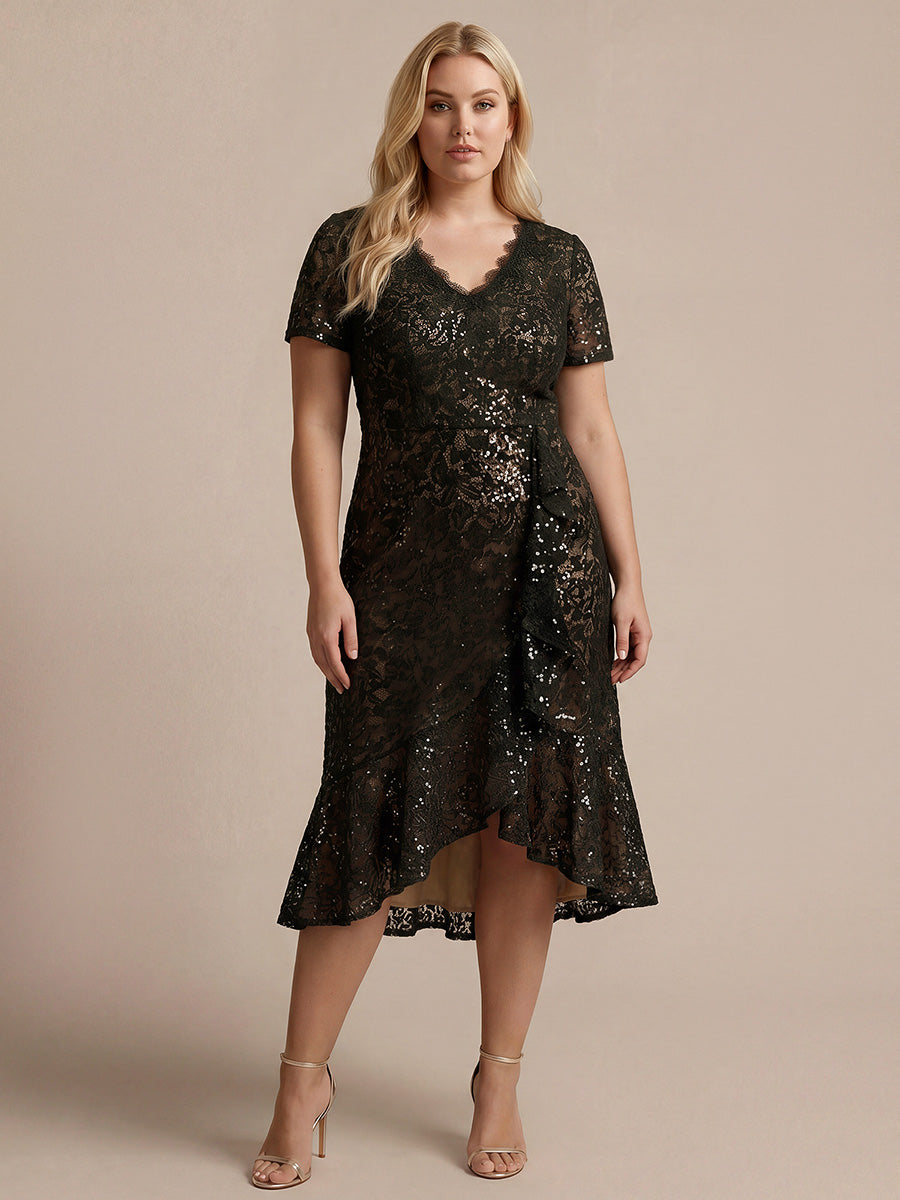 Midi Tea L?nge Meerjungfrau Kleid ¨¹berkreuzter Ausschnitt Spitze Volants Pailletten #Farbe_Schwarz