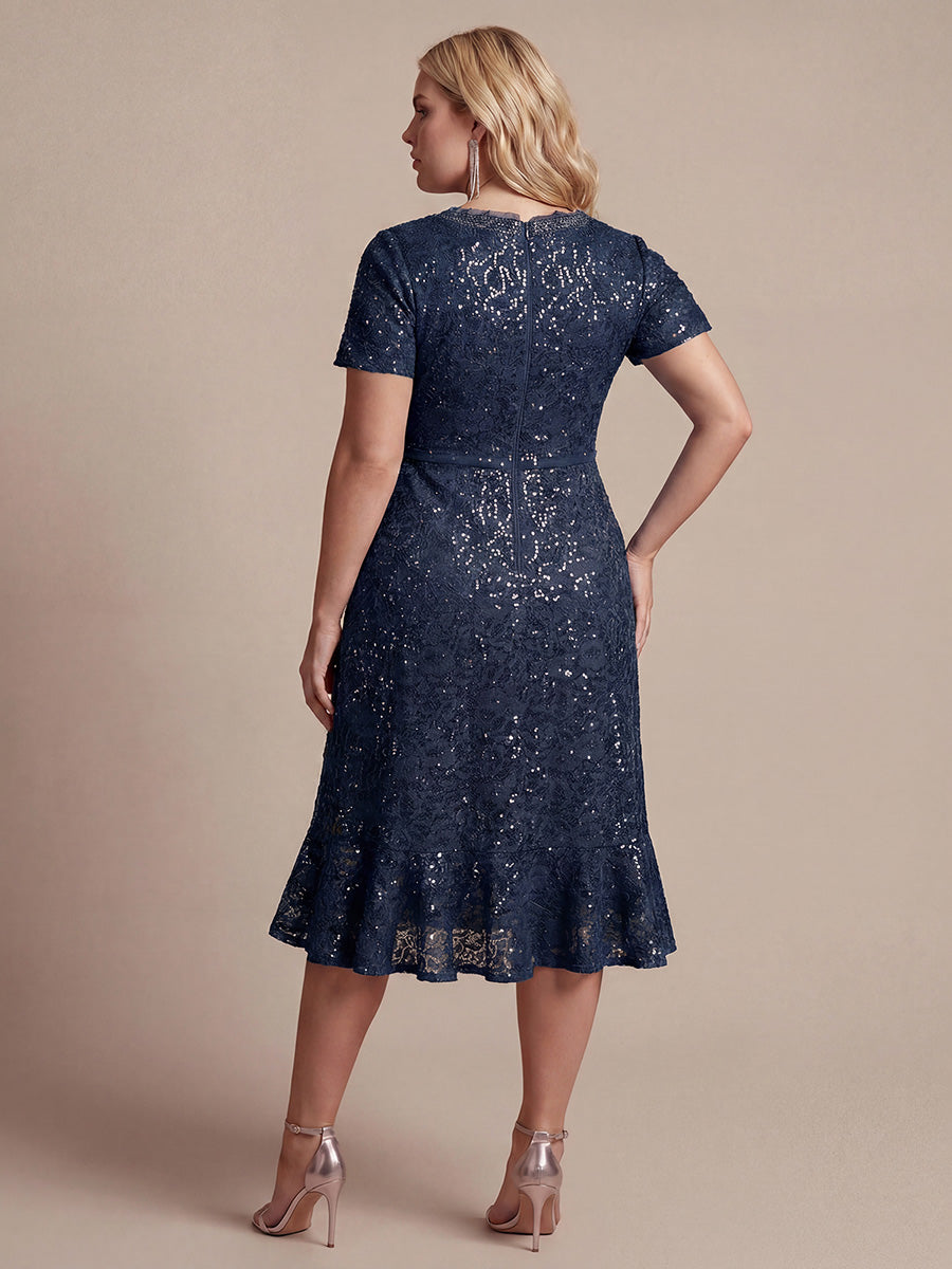Midi Tea L?nge Meerjungfrau Kleid ¨¹berkreuzter Ausschnitt Spitze Volants Pailletten #Farbe_Marineblau