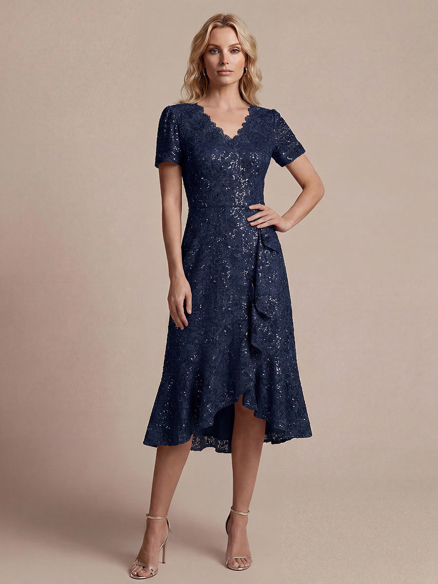 Midi Tea L?nge Meerjungfrau Kleid ¨¹berkreuzter Ausschnitt Spitze Volants Pailletten #Farbe_Marineblau