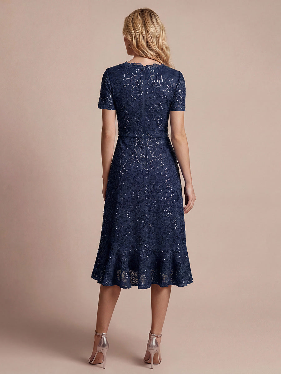 Midi Tea L?nge Meerjungfrau Kleid ¨¹berkreuzter Ausschnitt Spitze Volants Pailletten #Farbe_Marineblau