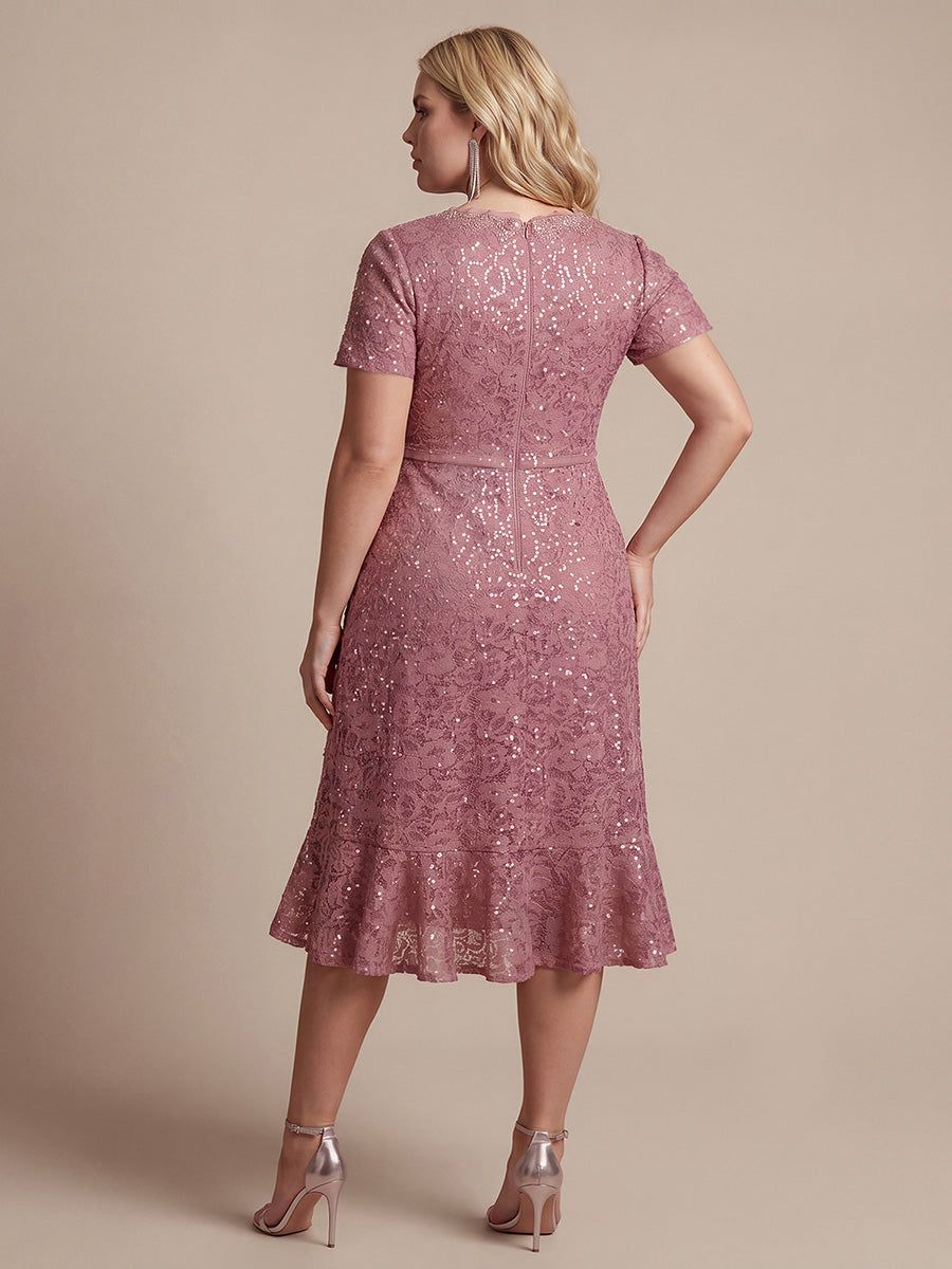 Midi Tea L?nge Meerjungfrau Kleid ¨¹berkreuzter Ausschnitt Spitze Volants Pailletten #Farbe_Orchideenviolett