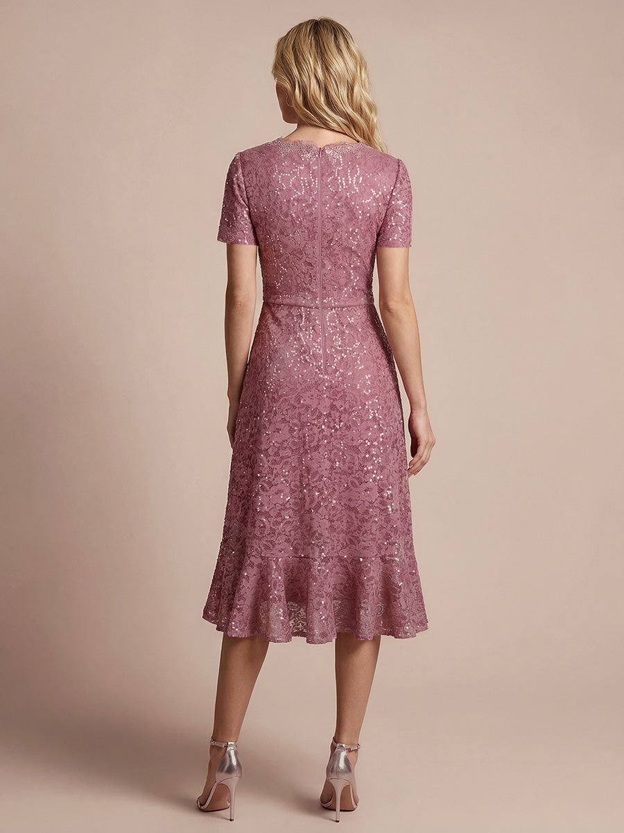 Midi Tea L?nge Meerjungfrau Kleid ¨¹berkreuzter Ausschnitt Spitze Volants Pailletten #Farbe_Orchideenviolett