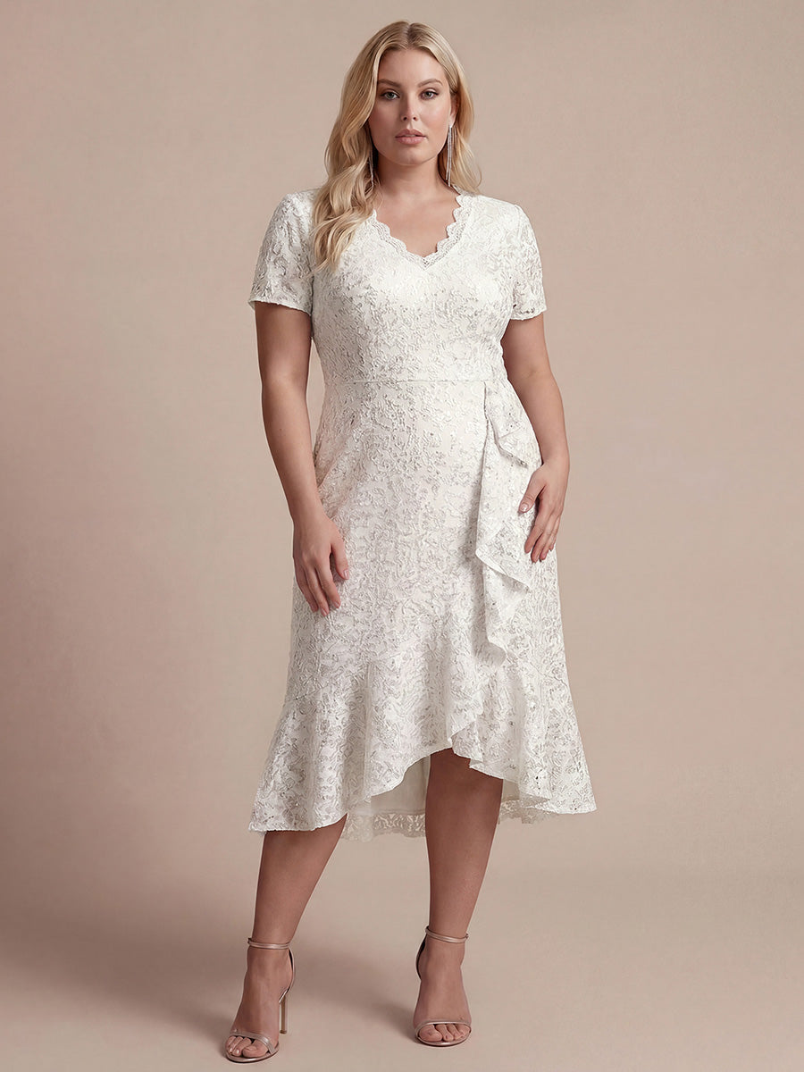 Midi Tea L?nge Meerjungfrau Kleid ¨¹berkreuzter Ausschnitt Spitze Volants Pailletten #Farbe_Weiß