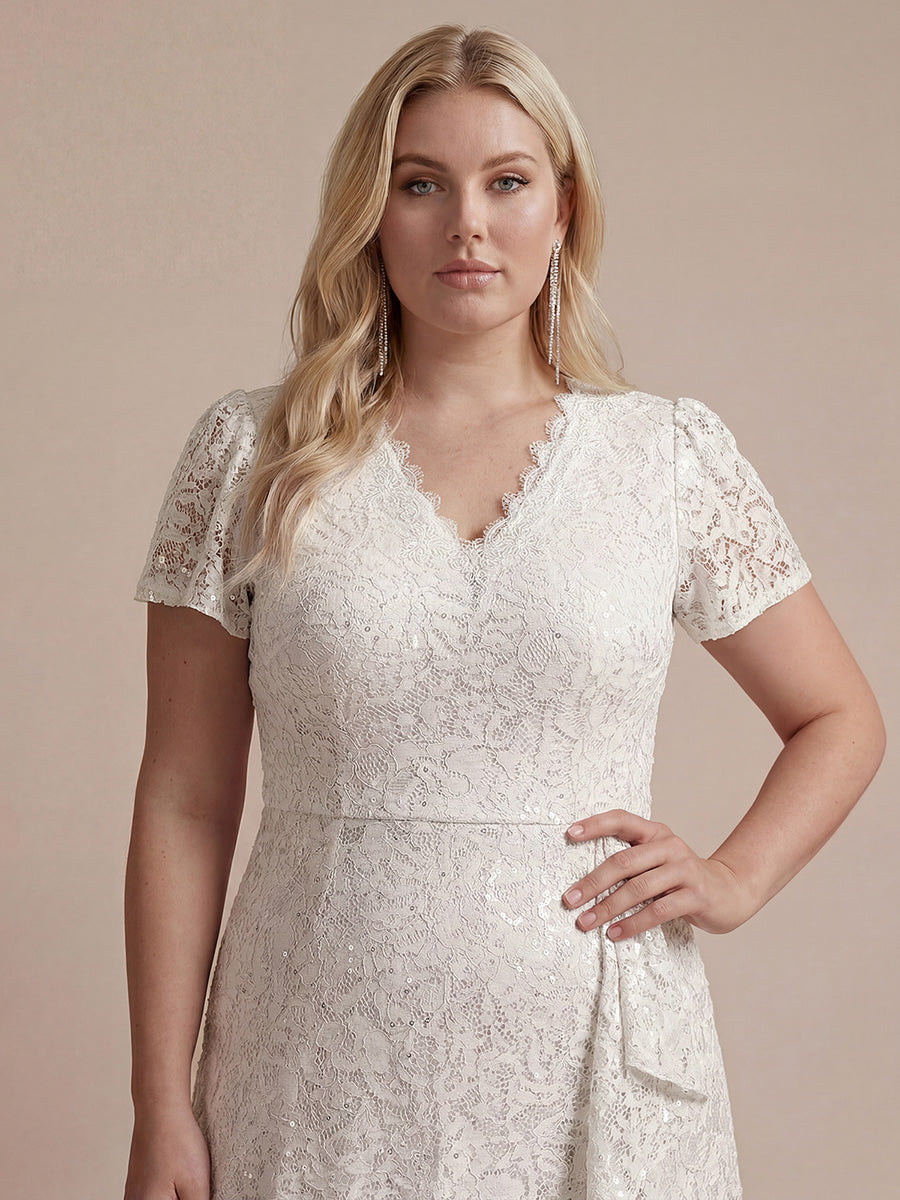 Midi Tea L?nge Meerjungfrau Kleid ¨¹berkreuzter Ausschnitt Spitze Volants Pailletten #Farbe_Weiß