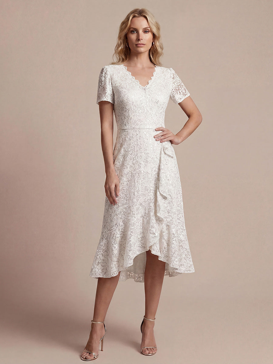 Midi Tea L?nge Meerjungfrau Kleid ¨¹berkreuzter Ausschnitt Spitze Volants Pailletten #Farbe_Weiß