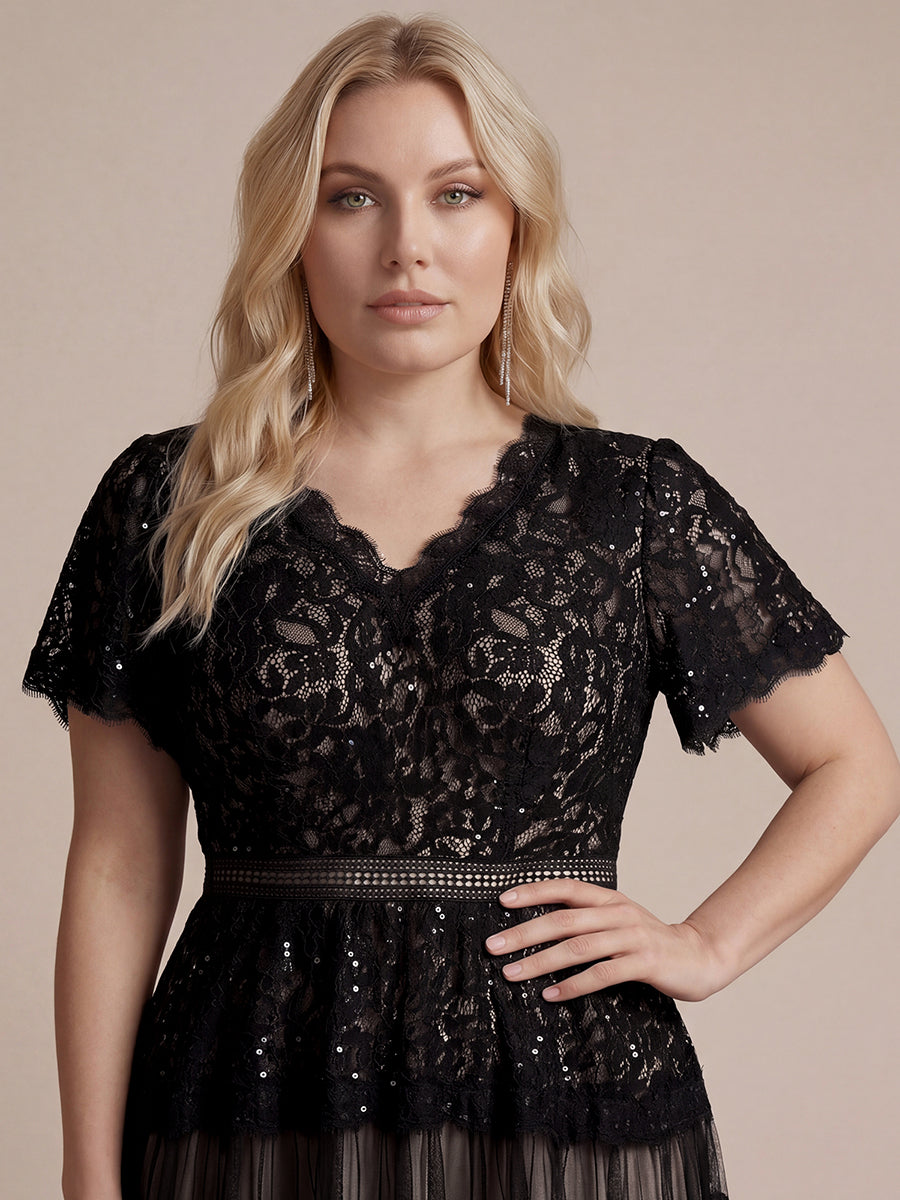 Tea L?nge V-Ausschnitt A-Linie Kleid Aus Spitze Mit R¨¹schen Und Pailletten #Farbe_Schwarz