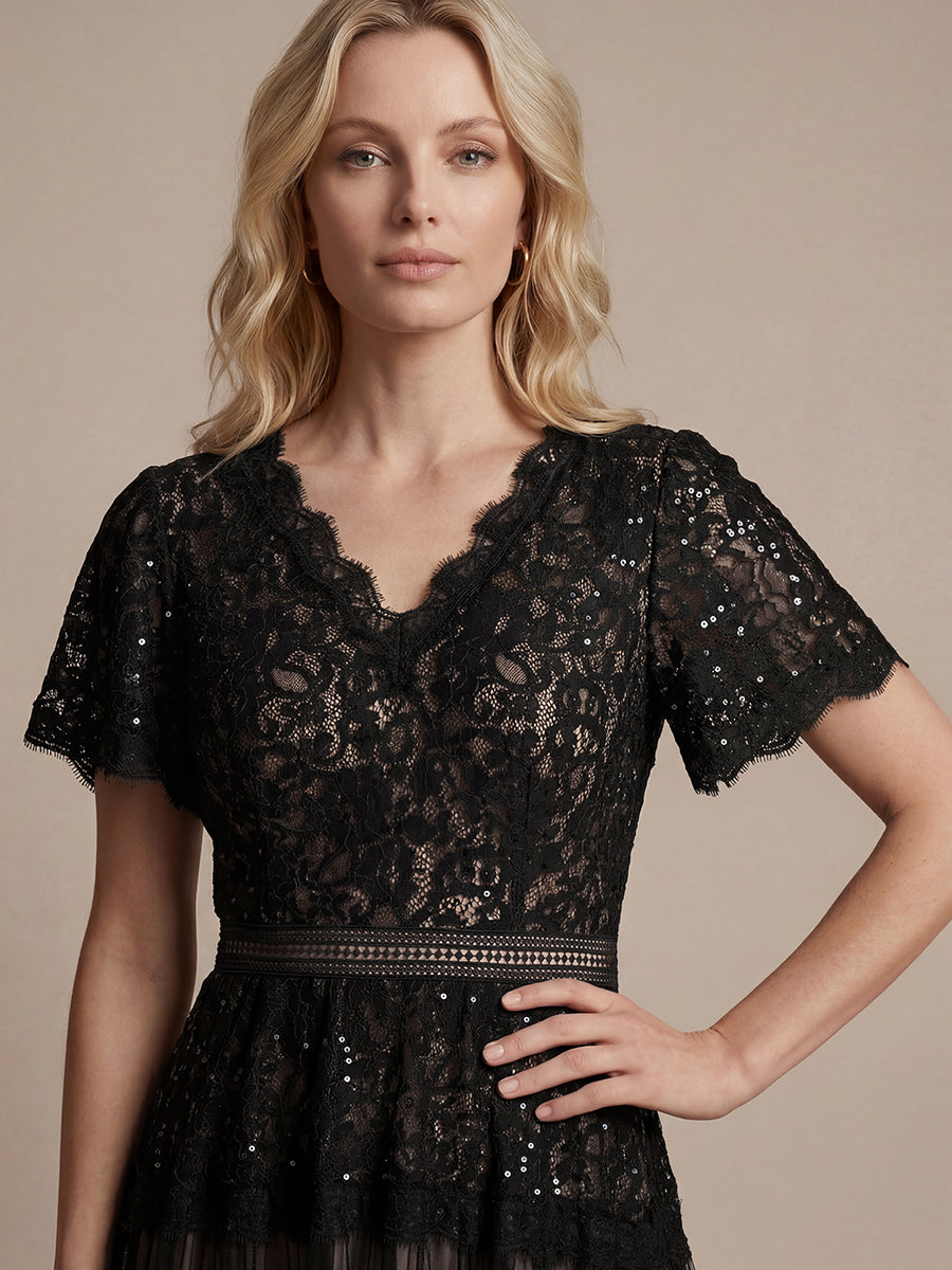 Tea L?nge V-Ausschnitt A-Linie Kleid Aus Spitze Mit R¨¹schen Und Pailletten #Farbe_Schwarz