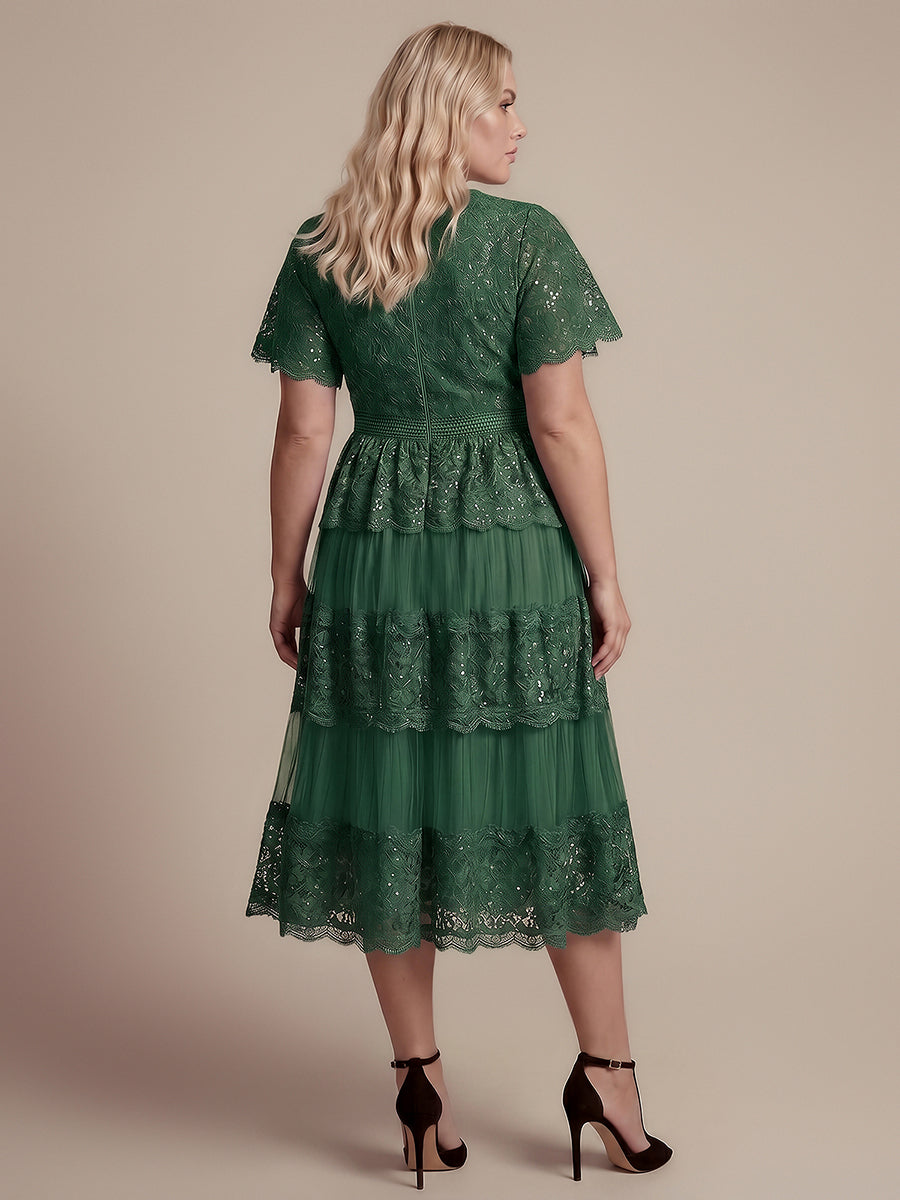 Tea L?nge V-Ausschnitt A-Linie Kleid Aus Spitze Mit R¨¹schen Und Pailletten #Farbe_Dunkelgrün