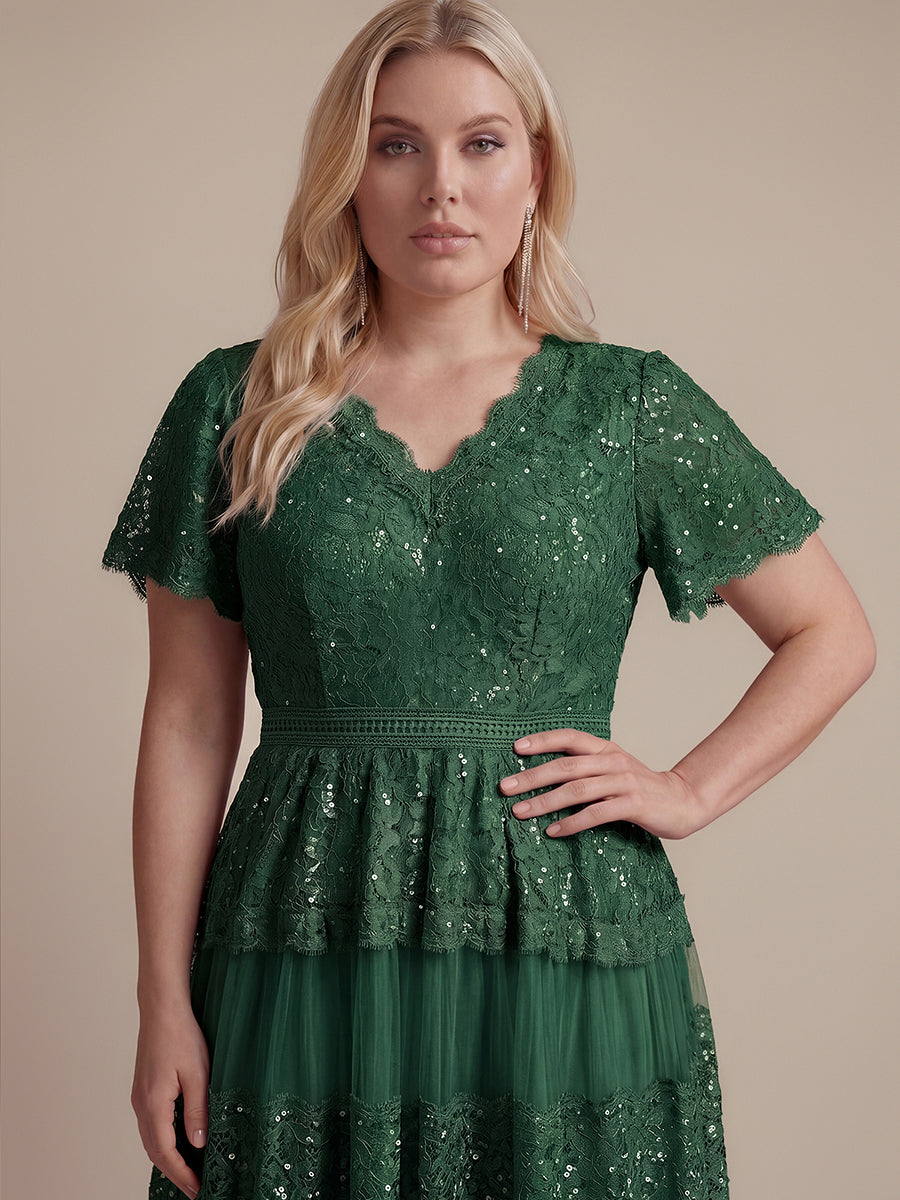 Tea L?nge V-Ausschnitt A-Linie Kleid Aus Spitze Mit R¨¹schen Und Pailletten #Farbe_Dunkelgrün