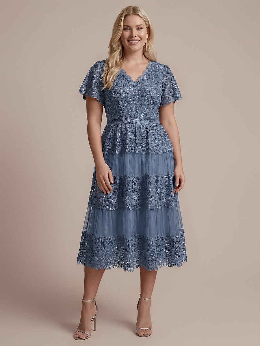 Tea L?nge V-Ausschnitt A-Linie Kleid Aus Spitze Mit R¨¹schen Und Pailletten #Farbe_Taubenblau