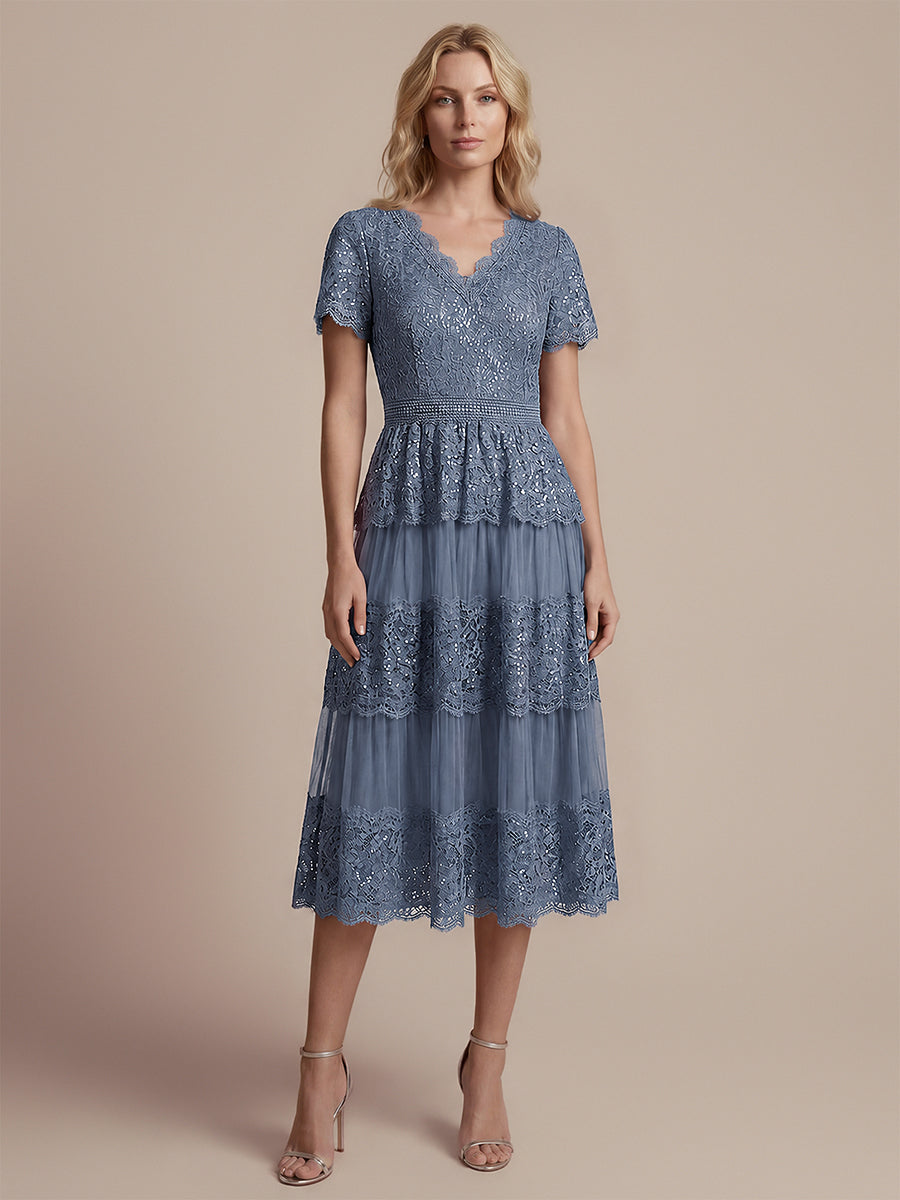 Tea L?nge V-Ausschnitt A-Linie Kleid Aus Spitze Mit R¨¹schen Und Pailletten #Farbe_Taubenblau