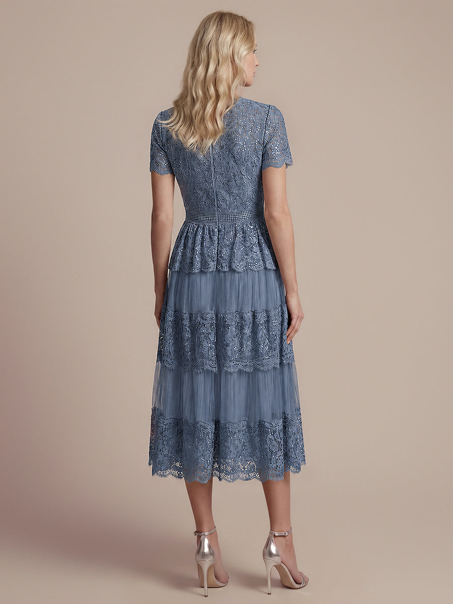 Tea L?nge V-Ausschnitt A-Linie Kleid Aus Spitze Mit R¨¹schen Und Pailletten #Farbe_Taubenblau