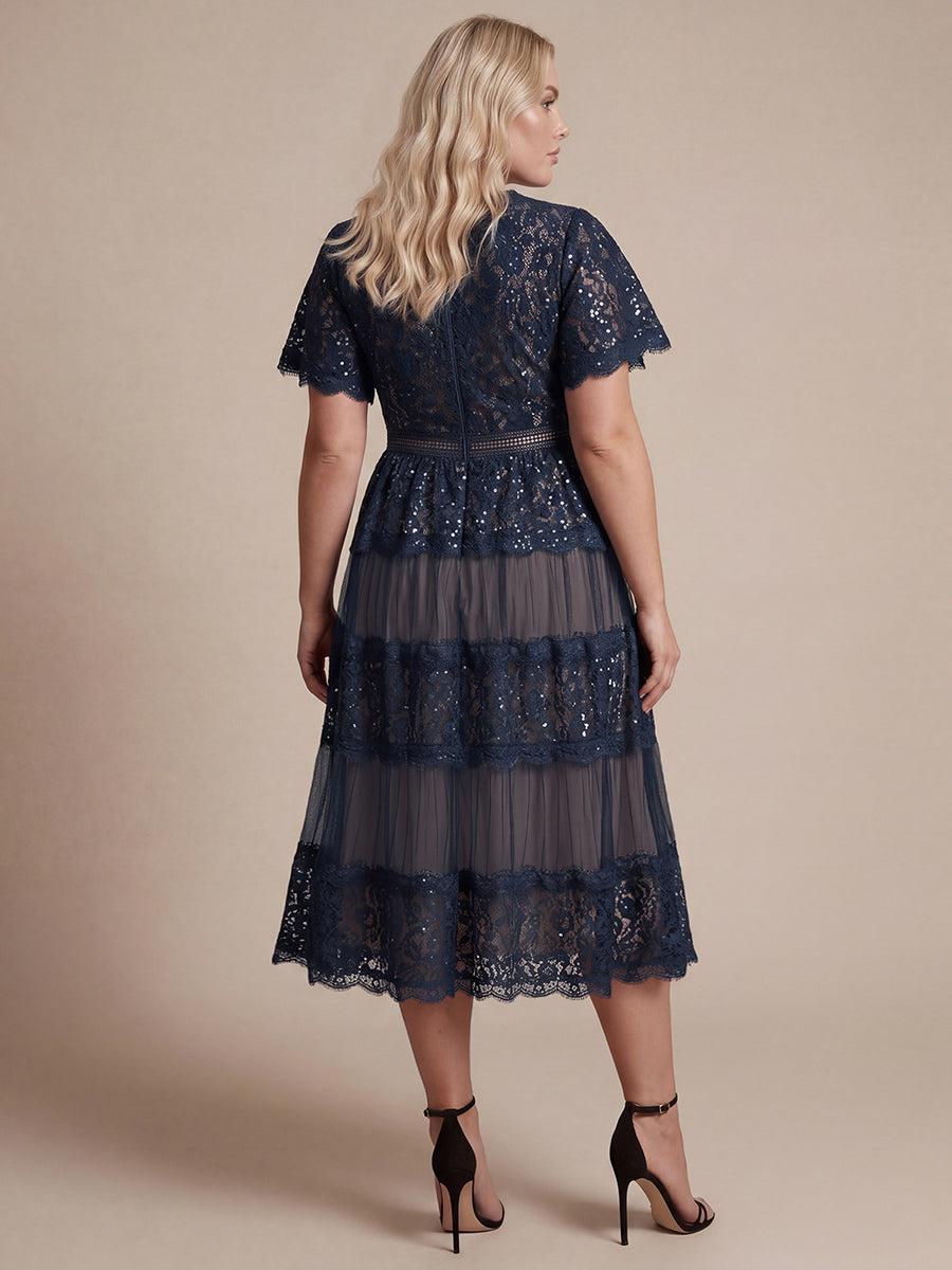 Tea L?nge V-Ausschnitt A-Linie Kleid Aus Spitze Mit R¨¹schen Und Pailletten #Farbe_Marineblau