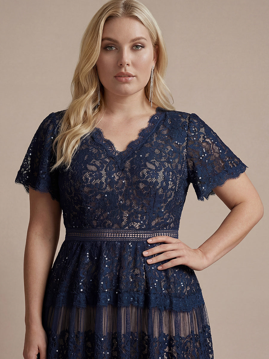 Tea L?nge V-Ausschnitt A-Linie Kleid Aus Spitze Mit R¨¹schen Und Pailletten #Farbe_Marineblau