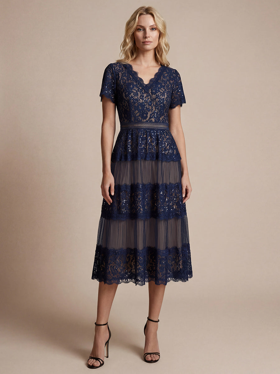 Tea L?nge V-Ausschnitt A-Linie Kleid Aus Spitze Mit R¨¹schen Und Pailletten #Farbe_Marineblau