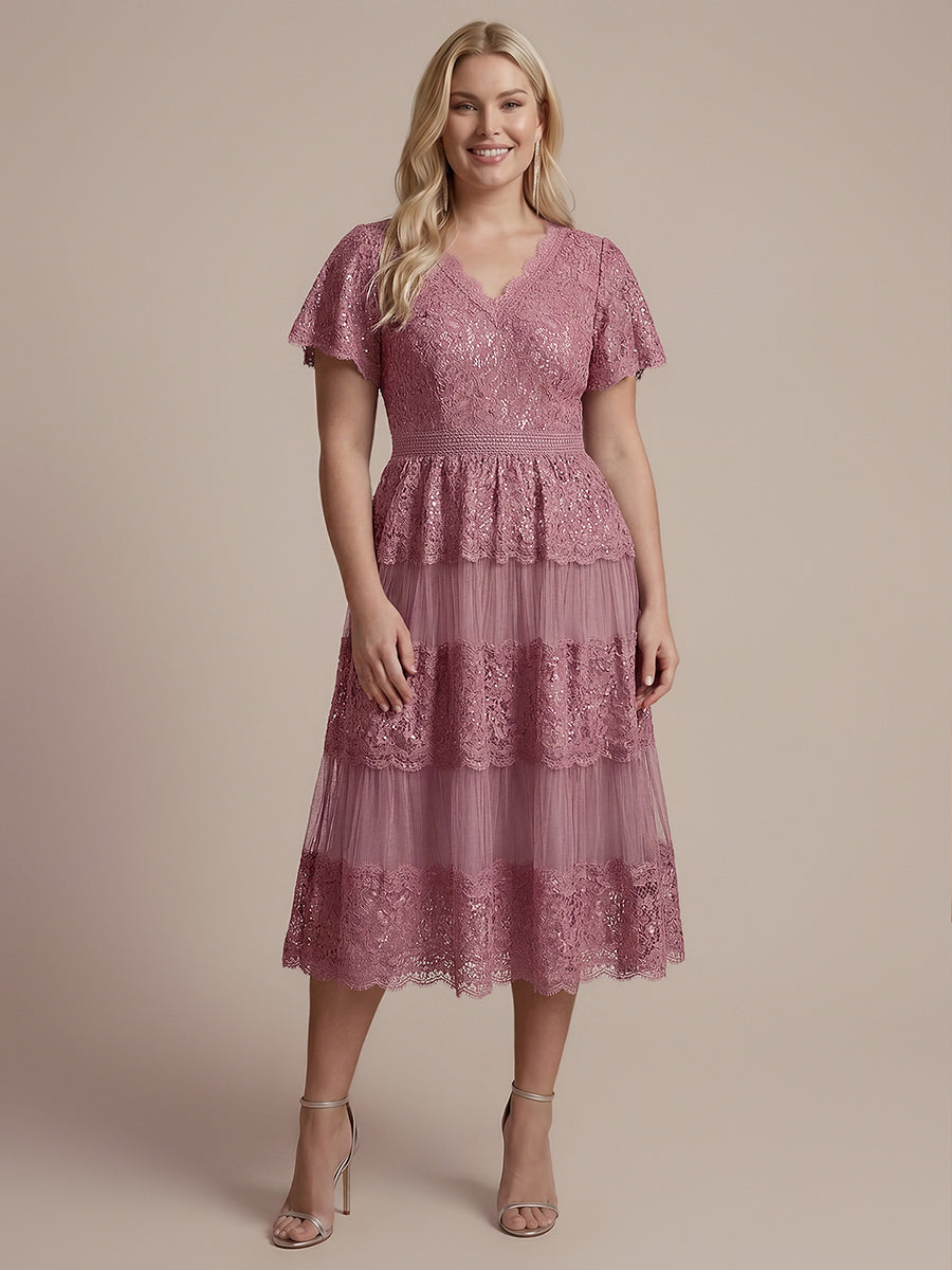 Tea L?nge V-Ausschnitt A-Linie Kleid Aus Spitze Mit R¨¹schen Und Pailletten #Farbe_Orchideenviolett