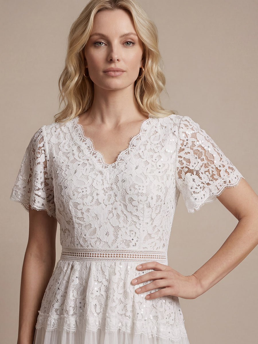Tea L?nge V-Ausschnitt A-Linie Kleid Aus Spitze Mit R¨¹schen Und Pailletten #Farbe_Weiß