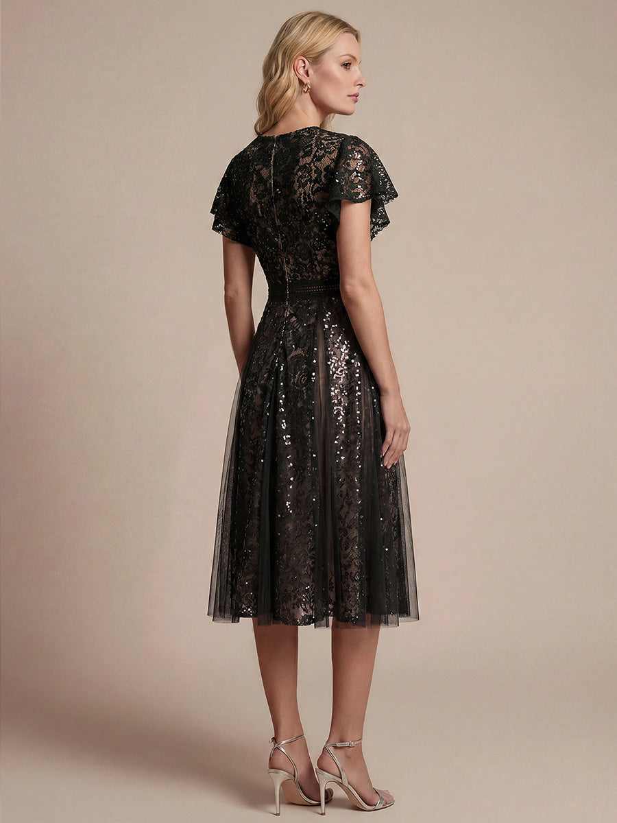 Midi Tee L?nge A Linie Kleid Mit V Ausschnitt Spitze R¨¹schen Und Pailletten #Farbe_Schwarz