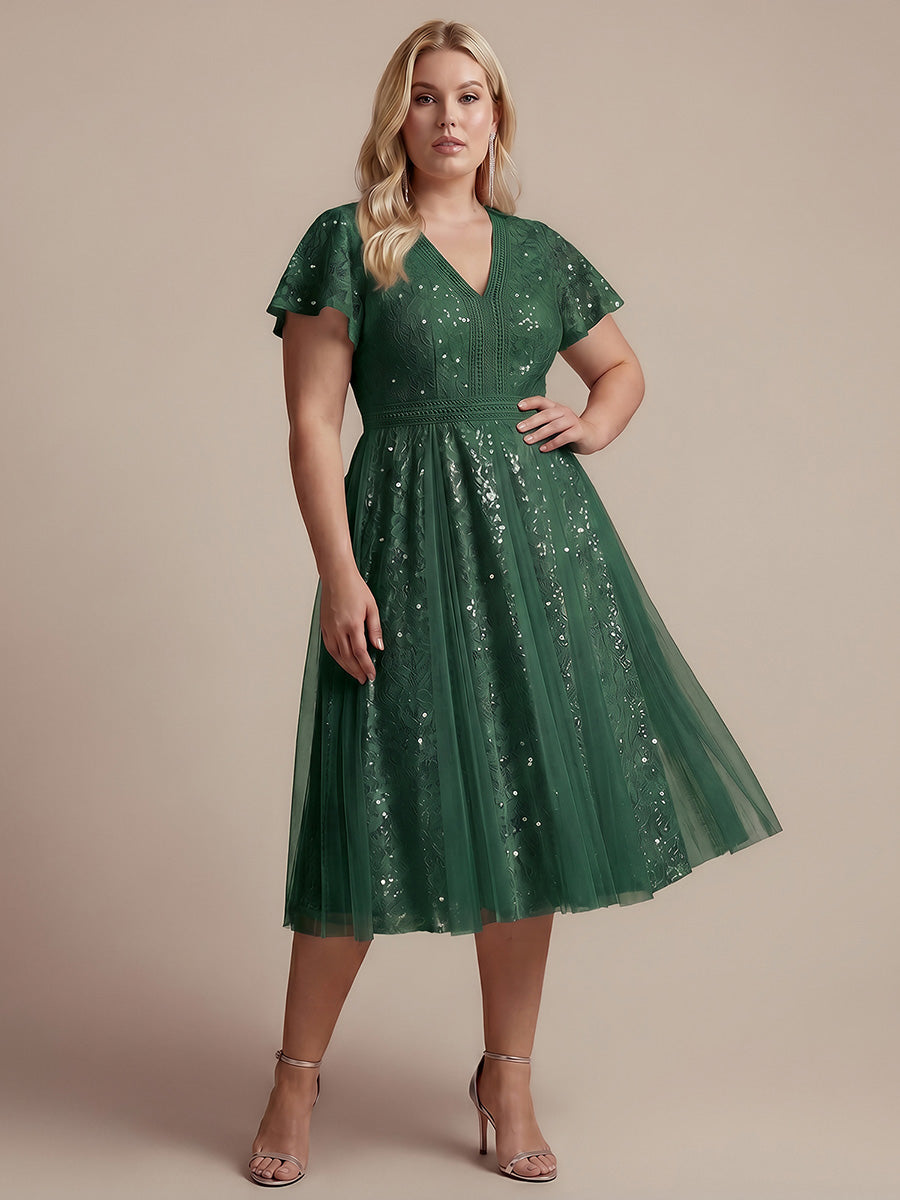Midi Tee L?nge A Linie Kleid Mit V Ausschnitt Spitze R¨¹schen Und Pailletten #Farbe_Dunkelgrün