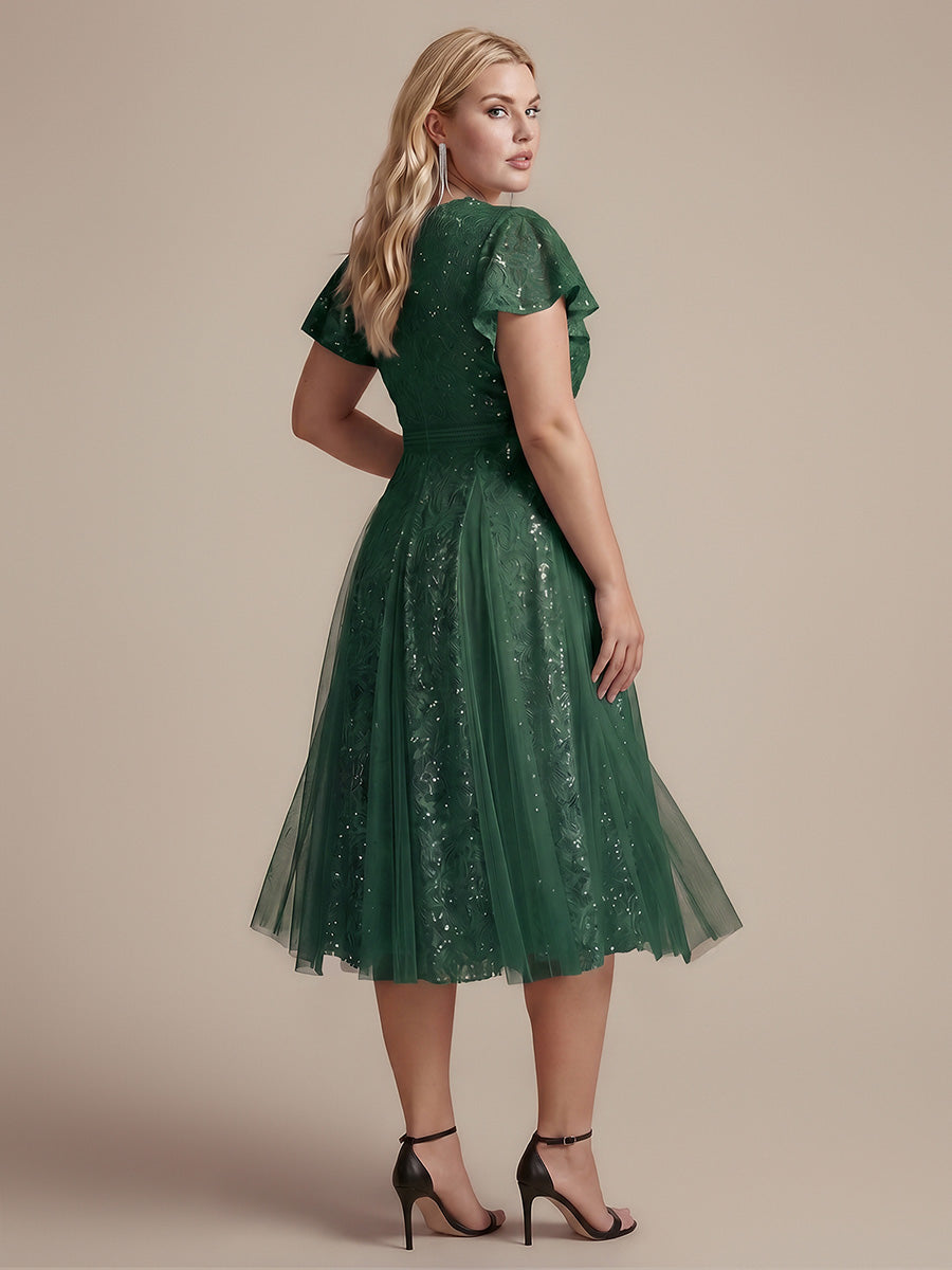 Midi Tee L?nge A Linie Kleid Mit V Ausschnitt Spitze R¨¹schen Und Pailletten #Farbe_Dunkelgrün