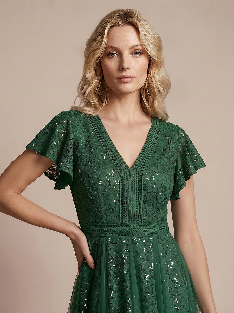 Midi Tee L?nge A Linie Kleid Mit V Ausschnitt Spitze R¨¹schen Und Pailletten #Farbe_Dunkelgrün