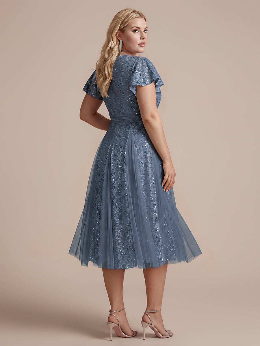 Midi Tee L?nge A Linie Kleid Mit V Ausschnitt Spitze R¨¹schen Und Pailletten #Farbe_Taubenblau