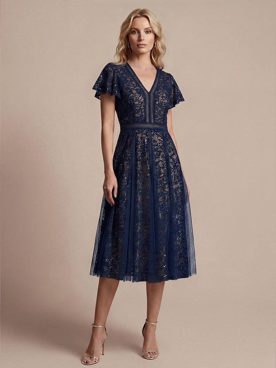Midi Tee L?nge A Linie Kleid Mit V Ausschnitt Spitze R¨¹schen Und Pailletten #Farbe_Marineblau