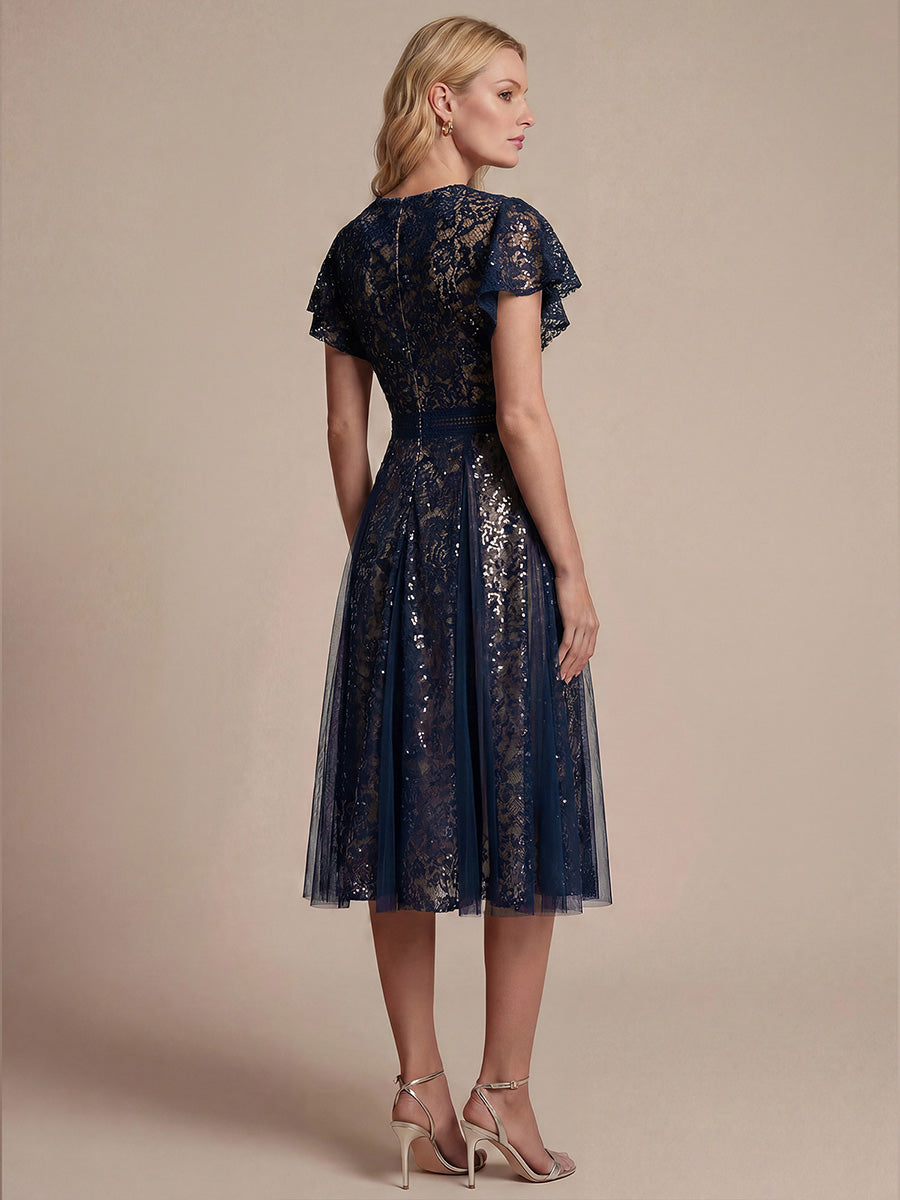 Midi Tee L?nge A Linie Kleid Mit V Ausschnitt Spitze R¨¹schen Und Pailletten #Farbe_Marineblau